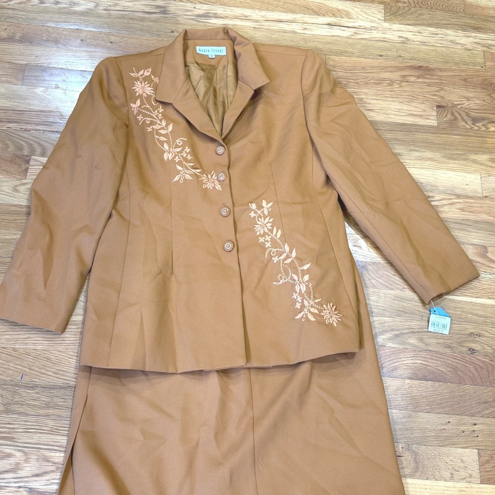 Karen Stuart‎ Vintage Camel Brown Floral Embroidered 2 Piece Pant Suit Womens 16